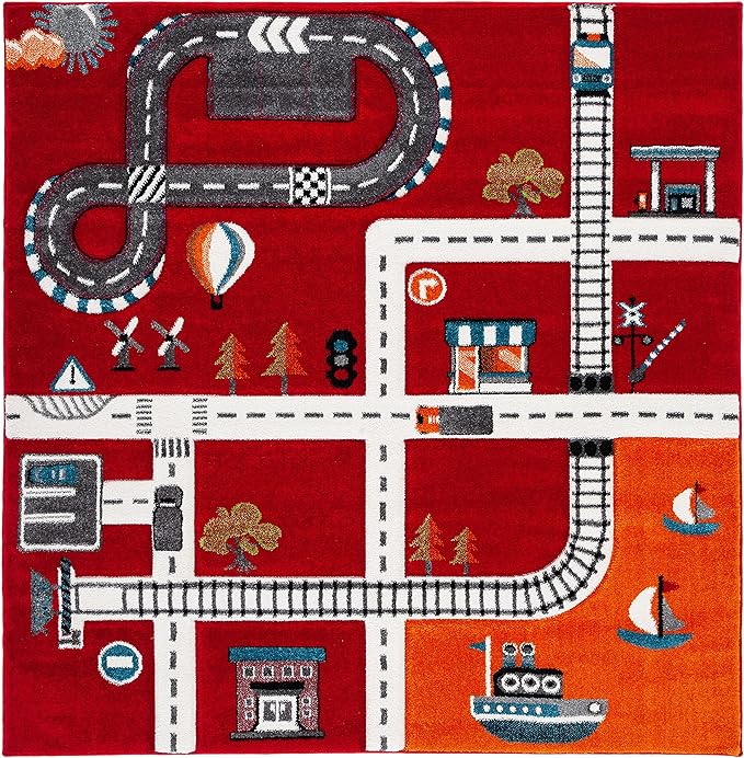 SAFAVIEH Carousel Kids Collection Area Rug - 5'3" Square, Red & Ivory, Non-Shedding & Easy Care, Ideal for High Traffic Areas for Boys & Girls in Playroom, Nursery, Bedroom (CRK192Q)