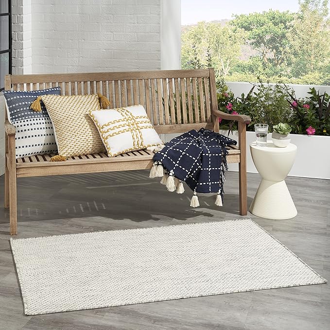 Nourison Courtyard Indoor/Outdoor Ivory Silver 3' x 5' Area Rug, Geometric, Easy Cleaning, Non Shedding, Bed Room, Living Room, Dining Room, Deck, Patio, Backyard (3x5)