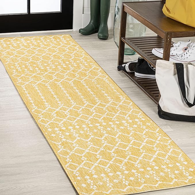 JONATHAN Y SMB108G-210 Ourika Moroccan Geometric Textured Weave Indoor Outdoor Runner Rug, Bohemian, Rustic, Scandinavian Easy-Clean,Bedroom,Kitchen,Backyard,Patio,Non Shedding, Yellow/Cream, 2 X 10