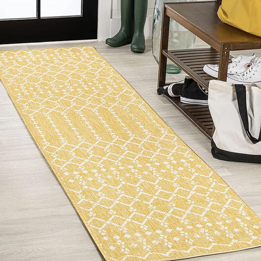 JONATHAN Y SMB108G-210 Ourika Moroccan Geometric Textured Weave Indoor Outdoor Runner Rug, Bohemian, Rustic, Scandinavian Easy-Clean,Bedroom,Kitchen,Backyard,Patio,Non Shedding, Yellow/Cream, 2 X 10