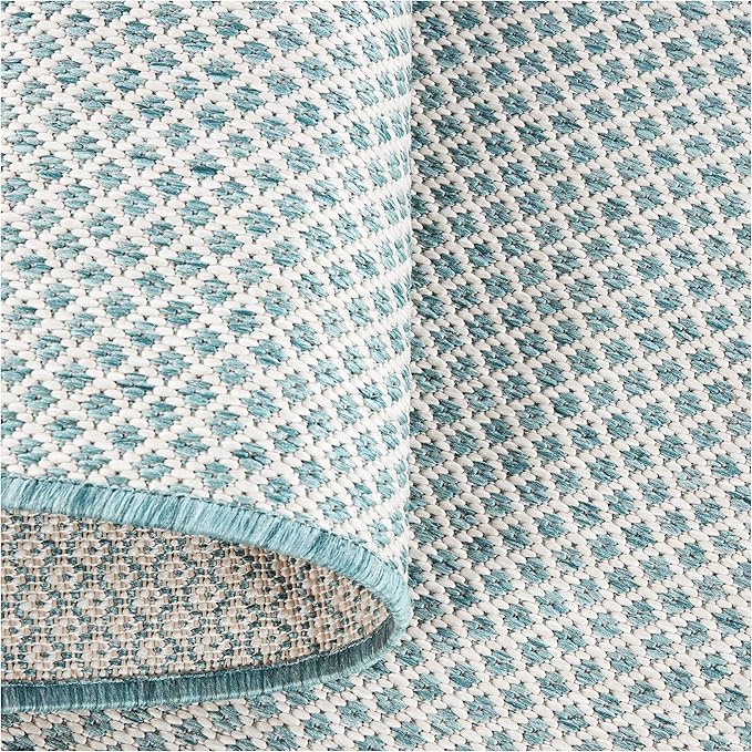 Nourison Courtyard Indoor/Outdoor Ivory Aqua 3' x 5' Area Rug, Geometric, Easy Cleaning, Non Shedding, Bed Room, Living Room, Dining Room, Deck, Patio, Backyard (3x5)