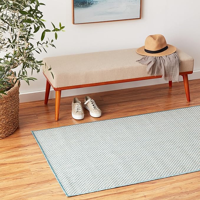 Nourison Courtyard Indoor/Outdoor Ivory Aqua 3' x 5' Area Rug, Geometric, Easy Cleaning, Non Shedding, Bed Room, Living Room, Dining Room, Deck, Patio, Backyard (3x5)