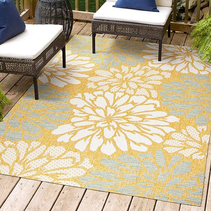 JONATHAN Y SMB110G-9 Zinnia Modern Floral Textured Weave Indoor Outdoor Area-Rug, Bohemian Coastal Mediterranean Easy-Cleaning,Bedroom,Kitchen,Backyard,Patio,Non Shedding, 9 X 12, Yellow/Cream