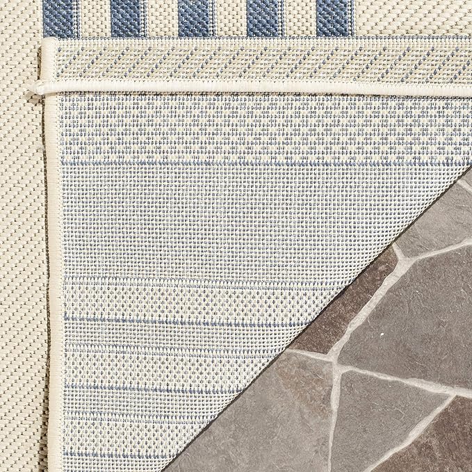 SAFAVIEH Courtyard Collection 4' Square Beige/Blue CY6062 Stripe Indoor/ Outdoor Patio Backyard Mudroom Accent Rug