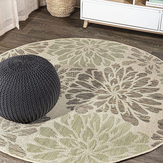 JONATHAN Y SMB110A-5R Zinnia Modern Floral Textured Weave Indoor Outdoor Area Rug Bohemian Coastal Easy Cleaning Bedroom Kitchen Backyard Patio Non Shedding, 5' Round, Sage/Brown