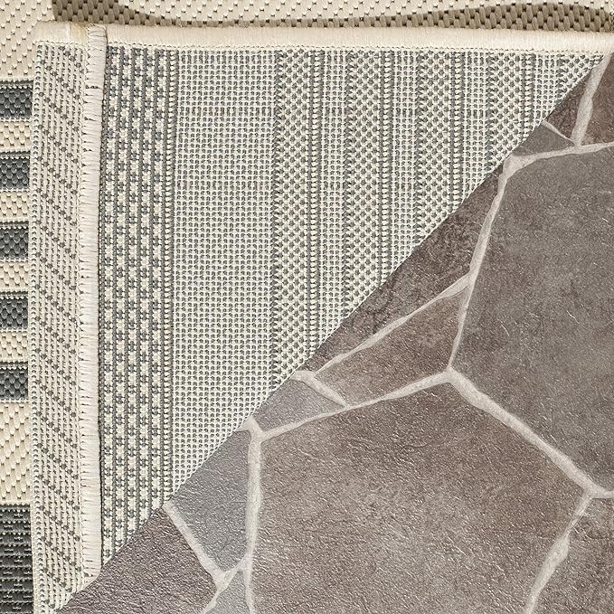 Safavieh Courtyard Collection CY6062 Stripe Indoor/ Outdoor Non-Shedding Stain Resistant Patio Backyard Area Rug, 6'7" Square, Grey / Bone