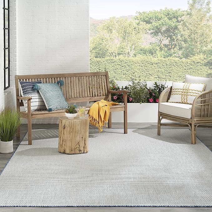 Nourison Courtyard Indoor/Outdoor Ivory Blue 8' x 10' Area Rug, Geometric, Easy Cleaning, Non Shedding, Bed Room, Living Room, Dining Room, Deck, Patio, Backyard (8x10)