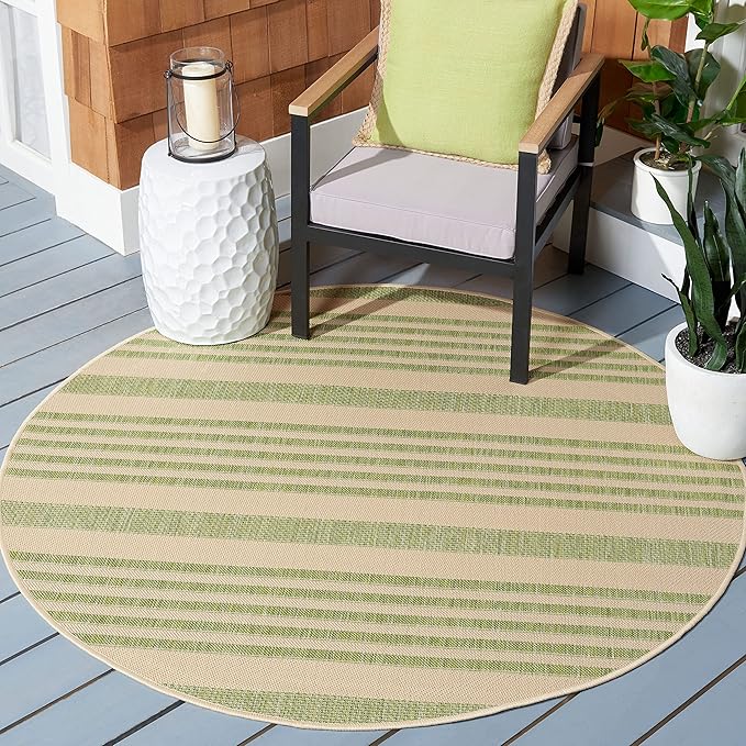 SAFAVIEH Courtyard Collection 6'7" Round Beige/Sweet Pea CY6062 Stripe Indoor/ Outside Waterproof Easy cleansingPatio Backyard Mudroom Area Mat