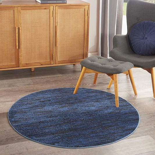 Nourison Essentials Indoor/Outdoor Midnight Blue 4' x Round Area Rug, Easy Cleaning, Non Shedding, Bed Room, Living Room, Dining Room, Backyard, Deck, Patio (4 Round)