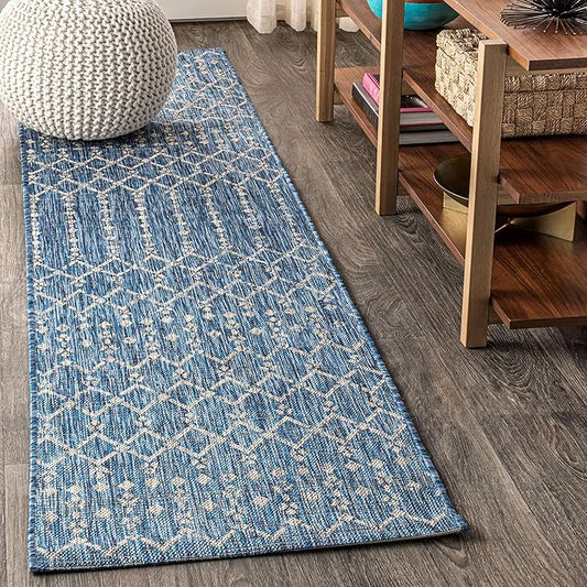 JONATHAN Y SMB108B-210 Ourika Moroccan Geometric Textured Weave Indoor Outdoor Runner Rug, Bohemian, Rustic, Scandinavian Easy Clean,Bedroom,Kitchen,Backyard,Patio, Non-Shed, Navy/Light Gray, 2 X 10
