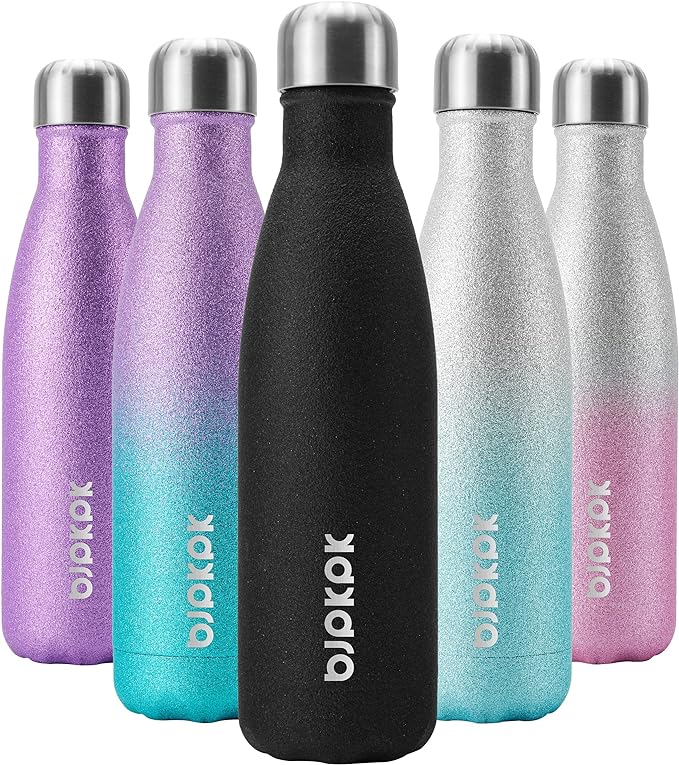 BJPKPK Insulated Water Bottles -17oz/500ml -Stainless Steel Water Bottles,Sports Water Bottles Keep Cold for 24 Hours and Hot for 12 Hours,BPA Free Water Bottle,Glitter Black