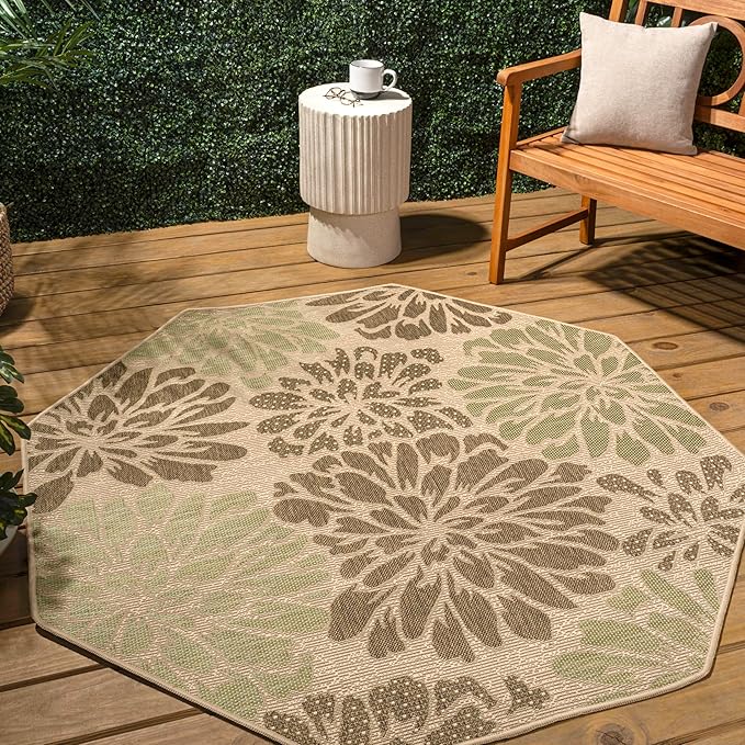 JONATHAN Y SMB110A-5TGN Zinnia Modern Floral Textured Weave Sage/Brown 5' Octagon Indoor/Outdoor Area Rug, Non-Shedding, Stain Resistant, Fade Resistant, Easy-Cleaning for Backyard Patio, Porch
