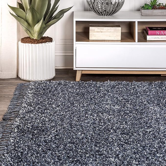 JONATHAN Y MCR100C-5 Mercer Shag Plush Tassel Indoor Area-Rug Bohemian Modern Contemporary Solid Easy-Cleaning Bedroom Kitchen Living Room, 5 X 8, Denim Blue with Tassel