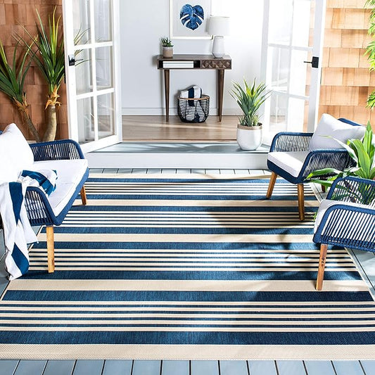 SAFAVIEH Courtyard Collection 8' x 10' Navy/Beige CY6062 Stripe Indoor/ Outside Waterproof Easy cleansingPatio Backyard Mudroom Area Mat