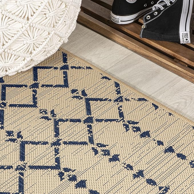 JONATHAN Y SMB108H-9SQ Ourika Moroccan Geometric Textured Weave Beige/Navy 9' Square Indoor/Outdoor Area Rug, Pet Friendly, Non-Shedding, Stain Resistant, Easy-Cleaning for Backyard, Patio, Porch