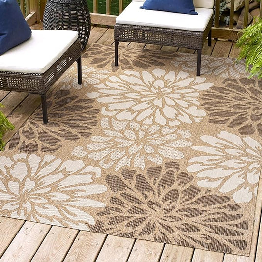 JONATHAN Y SMB110I-3 Zinnia Modern Floral Textured Weave Indoor Outdoor Area-Rug, Bohemian Coastal Mediterranean Easy-Cleaning,Bedroom,Kitchen,Backyard,Patio,Non Shedding, 3 X 5, Brown/Cream