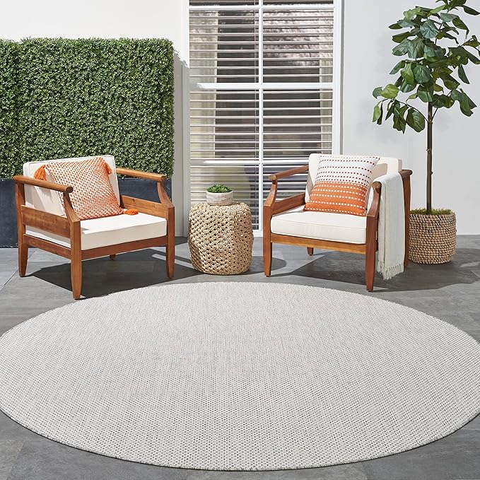 Nourison Courtyard Indoor/Outdoor Ivory/Silver 8' x Round Area Rug, Easy Cleaning, Non Shedding, Bed Room, Living Room, Dining Room, Backyard, Deck, Patio (8 Round)