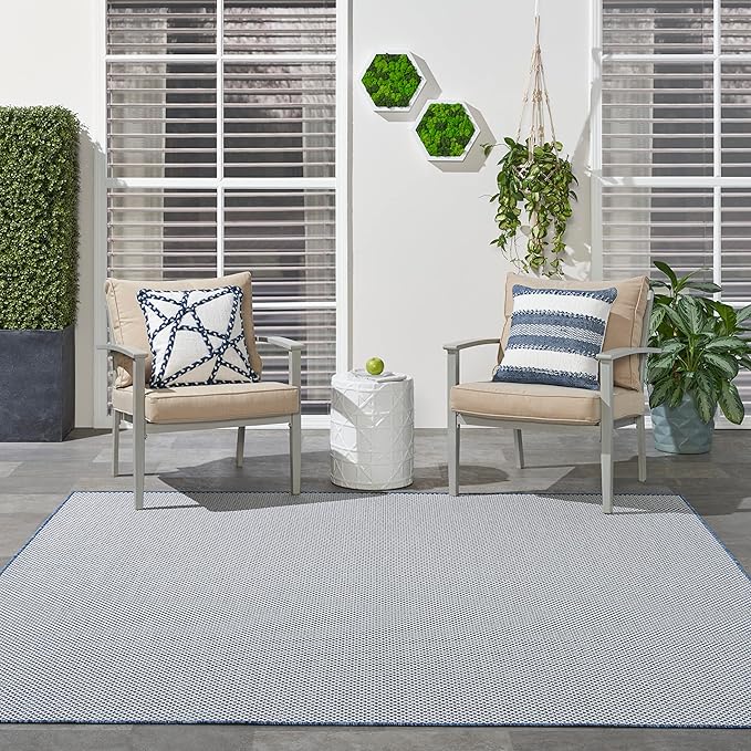 Nourison Courtyard Indoor/Outdoor Ivory Blue 8' x Square Area Rug, Easy Cleaning, Non Shedding, Bed Room, Living Room, Dining Room, Backyard, Deck, Patio (8 Square)