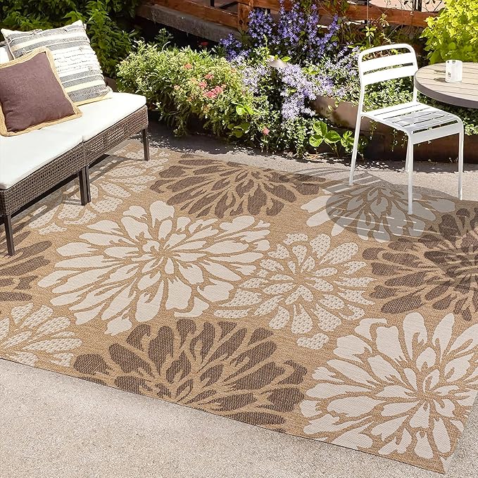 JONATHAN Y SMB110I-5 Zinnia Modern Floral Textured Weave Indoor Outdoor Area-Rug, Bohemian Coastal Mediterranean Easy-Cleaning,Bedroom,Kitchen,Backyard,Patio,Non Shedding, 5 X 8, Brown/Cream