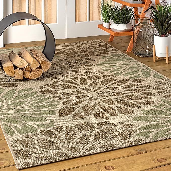 JONATHAN Y SMB110A-9 Zinnia Modern Floral Textured Weave Indoor Outdoor Area Rug Bohemian Coastal Easy Cleaning Bedroom Kitchen Backyard Patio Non Shedding, 9 X 12, Sage/Brown