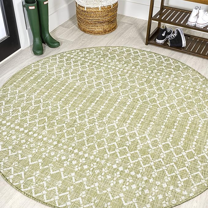 JONATHAN Y SMB108N-5R Ourika Moroccan Geometric Textured Weave Indoor Outdoor Area Rug,Coastal,Traditional,Transitional Easy Clean,Bedroom,Kitchen,Backyard,Patio,Non-Shed, Light Green/Cream, 5' Round