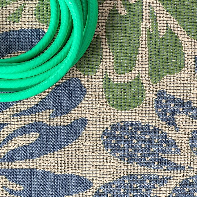 JONATHAN Y SMB110B-5SQ Zinnia Modern Floral Textured Weave Indoor Outdoor Area Rug Bohemian Coastal Easy Cleaning Bedroom Kitchen Backyard Patio Non Shedding, 5' Square, Navy/Green