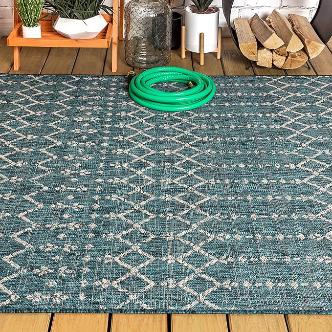 JONATHAN Y SMB108C-3 Ourika Moroccan Geometric Textured Weave Indoor Outdoor Area Rug, Bohemian, Rustic, Scandinavian Easy Cleaning,Bedroom,Kitchen,Backyard,Patio,Non Shedding, Teal/Gray, 3 X 5