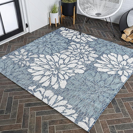 JONATHAN Y SMB110C-4SQ Zinnia Modern Floral Textured Weave Indoor/Outdoor Area Rug, Bohemian, Coastal, Transitional for Bedroom, Kitchen, Living Room, Easy-Cleaning, Navy/Aqua, 4' Square
