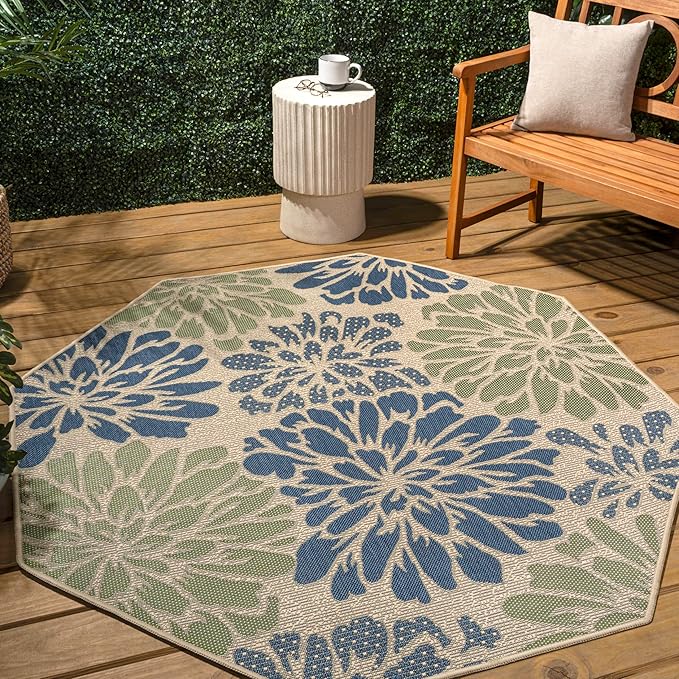 JONATHAN Y SMB110B-8TGN Zinnia Modern Floral Textured Weave Navy/Green 8' Octagon Indoor/Outdoor Area Rug, Non-Shedding, Stain Resistant, Fade Resistant, Easy-Cleaning for Backyard Patio, Porch