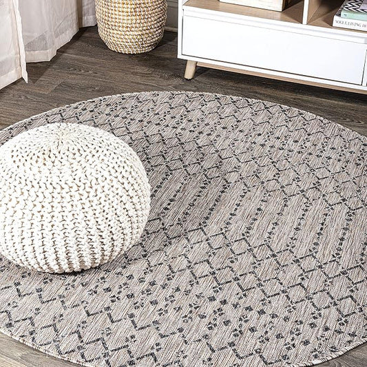 JONATHAN Y SMB108D-6R Ourika Moroccan Geometric Textured Weave Indoor/Outdoor Area Rug, Bohemian, Scandinavian for Bedroom, Kitchen, Living Room, Easy-Cleaning, Natural/Black, 6' Round