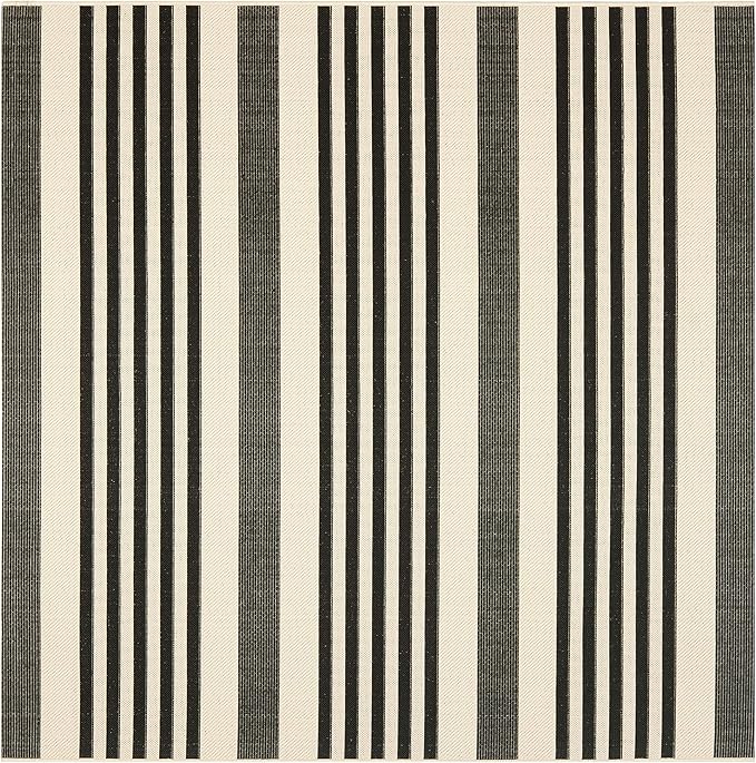 SAFAVIEH Courtyard Collection Area Rug - 7'1 Square, Black & Bone, Stripe Design, Non-Shedding & Easy Care, Indoor/Outdoor & Washable-Ideal for Patio, Backyard, Mudroom (CY6062-216)