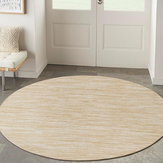 Nourison Essentials Indoor/Outdoor Ivory Gold 4' x Round Area Rug, Easy Cleaning, Non Shedding, Bed Room, Living Room, Dining Room, Backyard, Deck, Patio (4 Round)