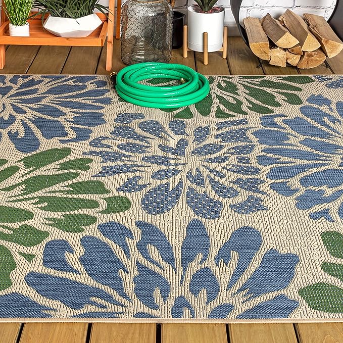 JONATHAN Y SMB110B-9 Zinnia Modern Floral Textured Weave Indoor Outdoor Area-Rug Bohemian Coastal Easy-Cleaning Bedroom Kitchen Backyard Patio Non Shedding, 9 X 12, Navy/Green