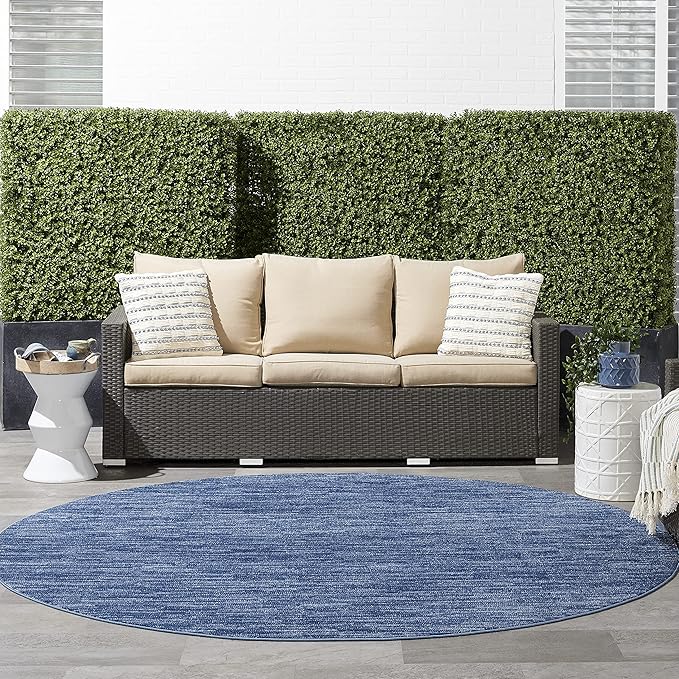 Nourison Essentials Indoor/Outdoor Navy Blue 8' x Round Area Rug, Easy Cleaning, Non Shedding, Bed Room, Living Room, Dining Room, Backyard, Deck, Patio (8 Round)