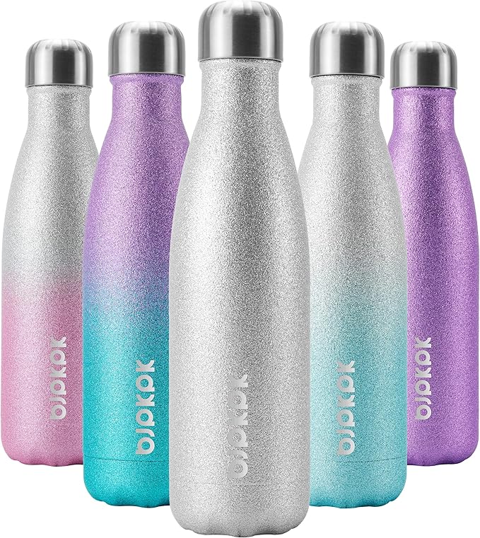 BJPKPK Insulated Water Bottles -17oz/500ml -Stainless Steel Water Bottles,Sports Water Bottles Keep Cold for 24 Hours and Hot for 12 Hours,BPA Free Water Bottle,Glitter Silver