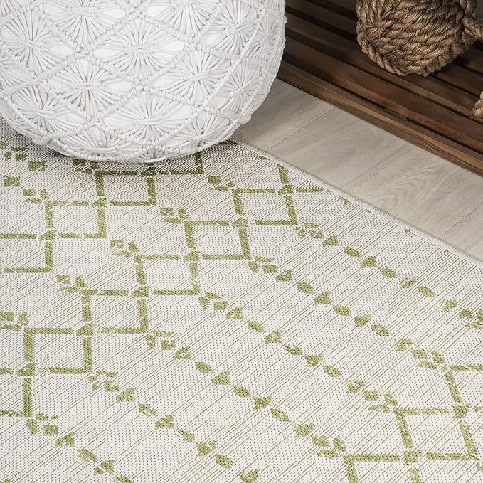 JONATHAN Y SMB108M-5SQ Ourika Moroccan Geometric Textured Weave Indoor Outdoor Area Rug, Coastal,Traditional,Transitional Easy Clean,Bedroom,Kitchen,Backyard,Patio, Non-Shed, Cream/Green, 5' Square