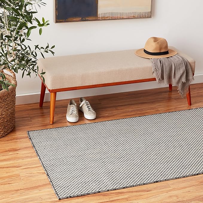 Nourison Courtyard Indoor/Outdoor Ivory Charcoal 3' x 5' Area Rug, Geometric, Easy Cleaning, Non Shedding, Bed Room, Living Room, Dining Room, Deck, Patio, Backyard (3x5)