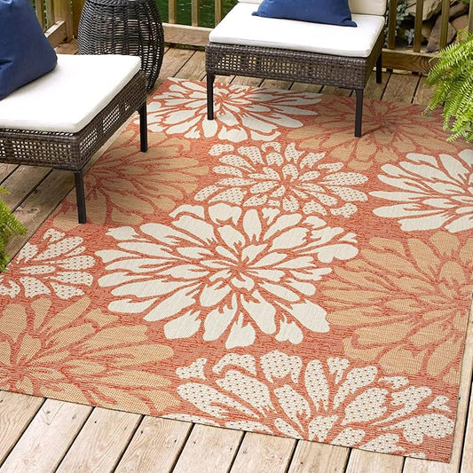 JONATHAN Y SMB110E-4 Zinnia Modern Floral Textured Weave Indoor Outdoor Area-Rug, Bohemian Coastal Mediterranean Easy-Cleaning,Bedroom,Kitchen,Backyard,Patio,Non Shedding, 4 X 6, Orange/Cream