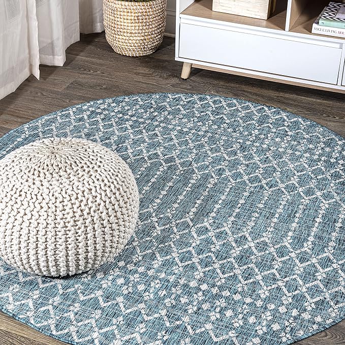 JONATHAN Y SMB108C-5R Ourika Moroccan Geometric Textured Weave Indoor Outdoor Area-Rug, Bohemian, Rustic, Scandinavian Easy-Cleaning,Bedroom,Kitchen,Backyard,Patio,Non Shedding, Teal/Gray, 5' Round