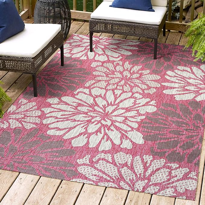 JONATHAN Y SMB110F-4 Zinnia Modern Floral Textured Weave Indoor Outdoor Area-Rug, Bohemian Coastal Mediterranean Easy-Cleaning,Bedroom,Kitchen,Backyard,Patio,Non Shedding, 4 X 6, Fuchsia/Light Gray