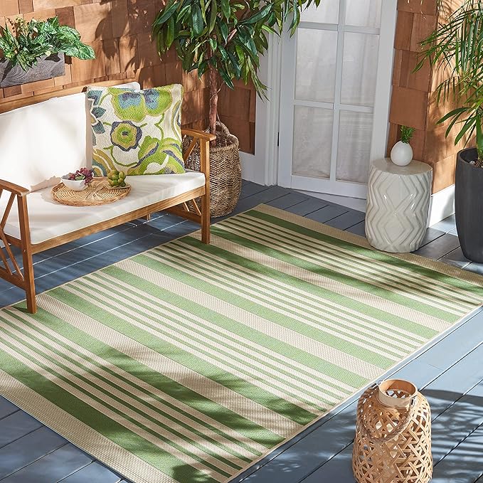 SAFAVIEH Courtyard Collection 4' Square Green/Beige CY6062 Stripe Indoor/ Outdoor-Waterproof Easy-Cleaning Patio Backyard Mudroom Accent-Rug