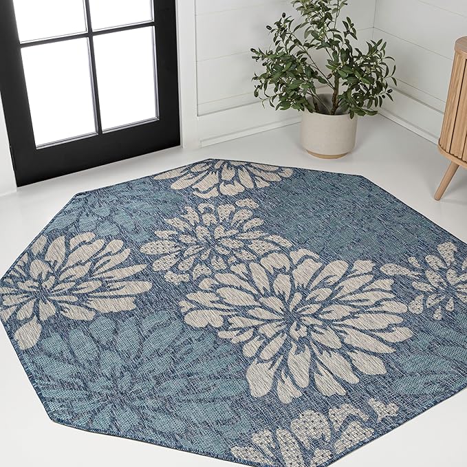 JONATHAN Y SMB110C-5TGN Zinnia Modern Floral Textured Weave Navy/Aqua 5' Octagon Indoor/Outdoor Area Rug, Non-Shedding, Stain Resistant, Fade Resistant, Easy-Cleaning for Backyard Patio, Porch