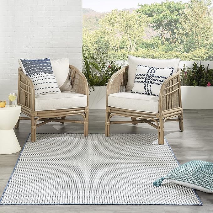 Nourison Courtyard Indoor/Outdoor Ivory Blue 6' x 9' Area Rug, Geometric, Easy Cleaning, Non Shedding, Bed Room, Living Room, Dining Room, Deck, Patio, Backyard (6x9)