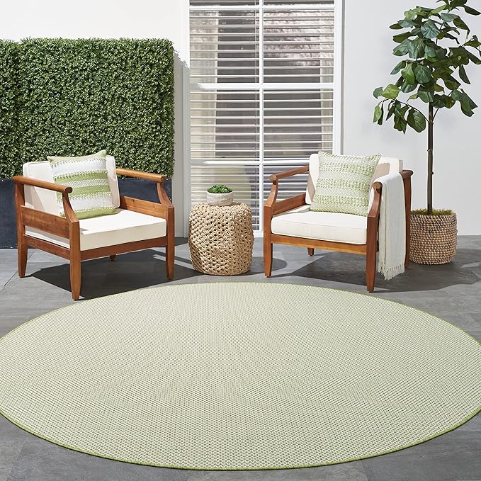 Nourison Courtyard Indoor/Outdoor Ivory Green 8' x Round Area Rug, Easy Cleaning, Non Shedding, Bed Room, Living Room, Dining Room, Backyard, Deck, Patio (8 Round)