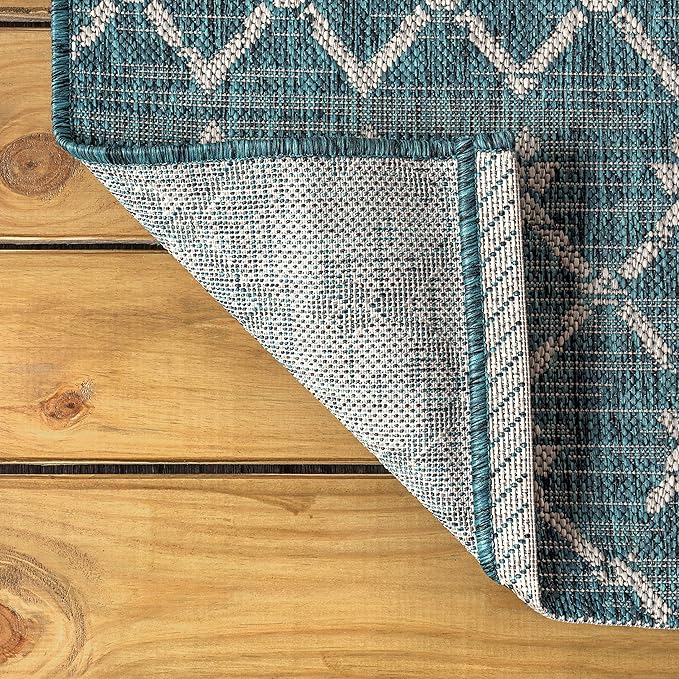 JONATHAN Y SMB108C-210 Ourika Moroccan Geometric Textured Weave Indoor Outdoor Runner Rug, Bohemian, Rustic, Scandinavian Easy-Cleaning,Bedroom,Kitchen,Backyard,Patio,Non Shedding, Teal/Gray, 2 X 10