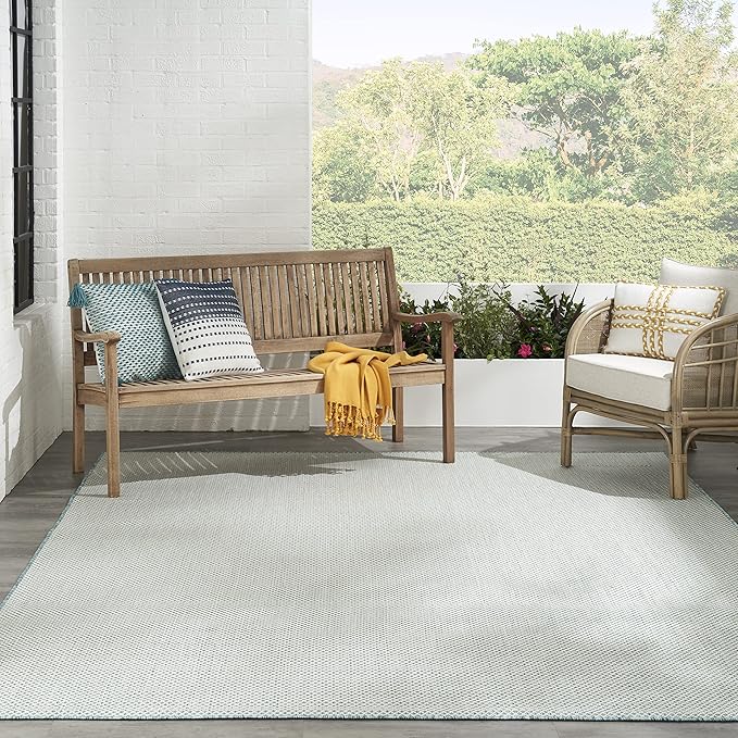 Nourison Courtyard Indoor/Outdoor Ivory Aqua 7' x 10' Area Rug, Geometric, Easy Cleaning, Non Shedding, Bed Room, Living Room, Dining Room, Deck, Patio, Backyard (7x10)