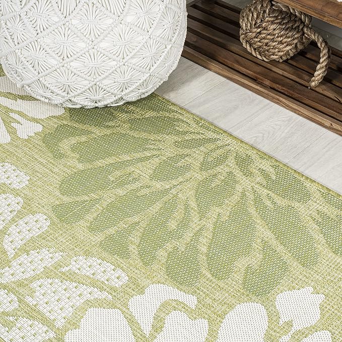 JONATHAN Y SMB110H-210 Zinnia Modern Floral Textured Weave Indoor Outdoor Runner Rug, Country Coastal Transitional Easy-Cleaning,Bedroom,Kitchen,Backyard,Patio,Non Shedding, 2 X 10, Green/Cream