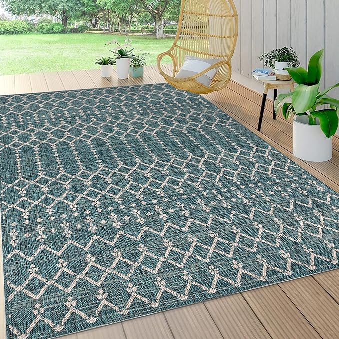 JONATHAN Y SMB108C-9 Ourika Moroccan Geometric Textured Weave Indoor Outdoor Area Rug, Bohemian, Rustic, Scandinavian Easy Cleaning,Bedroom,Kitchen,Backyard,Patio,Non Shedding, Teal/Gray, 9 X 12