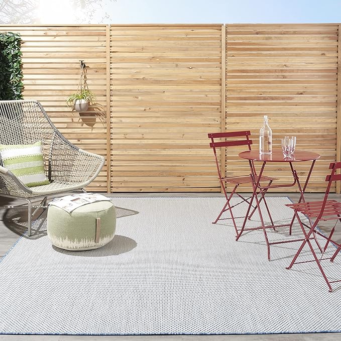 Nourison Courtyard Indoor/Outdoor Ivory Blue 8' x 10' Area Rug, Geometric, Easy Cleaning, Non Shedding, Bed Room, Living Room, Dining Room, Deck, Patio, Backyard (8x10)