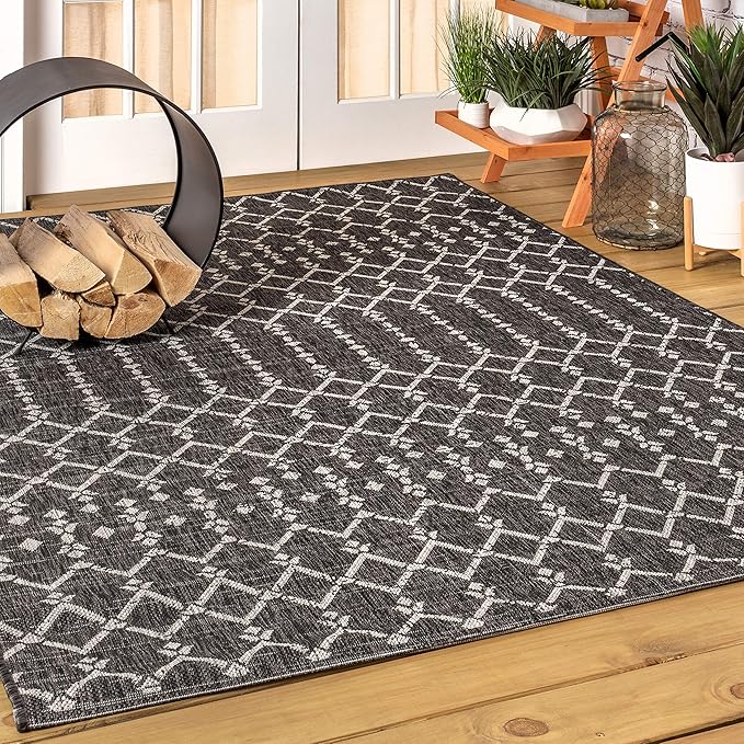 JONATHAN Y SMB108F-8 Ourika Moroccan Geometric Textured Weave Indoor Outdoor -Area Rug, Bohemian, Rustic, Scandinavian Easy-Cleaning,Bedroom,Kitchen,Backyard,Patio,Non Shedding, Black/Gray, 8 X 10